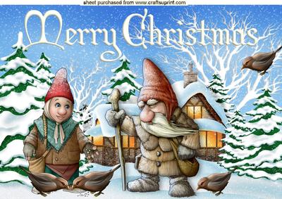 Christmas Gnomes Feeding the Birds in Snow Scene A4
