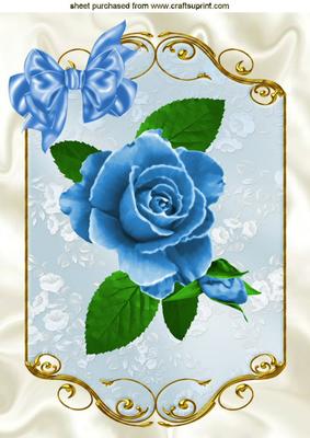 Painted Blue Rose in Ornate Frame with Bow A4