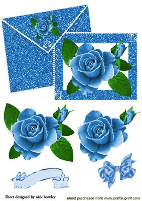 Blue Painted Rose on Glitter Card & Envelope