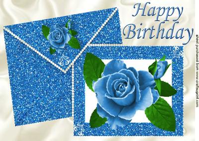 Blue Painted Rose on Glitter Card & Envelope A4