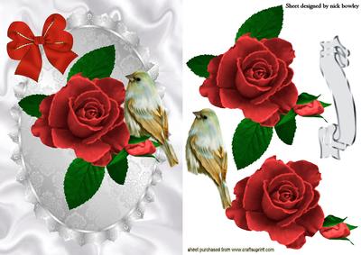Pretty Painted Red Roses, with Little Bird