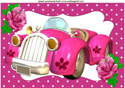 Pink Toon Car in Polkadot Frame A4