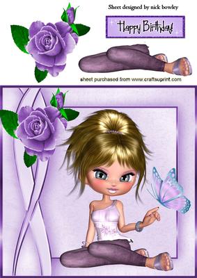 Pretty Lady with Roses and Butterfly 8x8