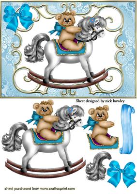 Teddy on Rocking Horse with Blue Bow