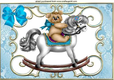 Teddy on Rocking Horse with Blue Bow A4