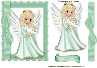 Pretty Angel in Green Holding a Dove in Frame with Bow