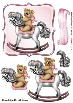 Cute Little Teddy on a Pink Rocking Horse