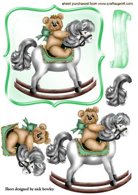 Cute Little Teddy on a Green Rocking Horse