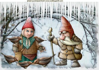 Gnomes Feeding the Birds in the Snow in Icicle Glen A4