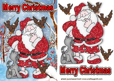 Santa with Cat and Little Birds in the Snow