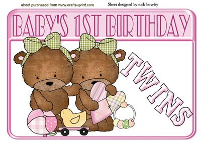 Twin Girl Teddies 1st Birthday A4