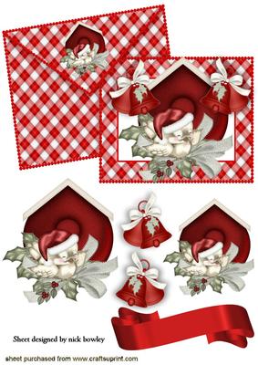 Christmas Robin on Holly with Bells on Envelope & Card