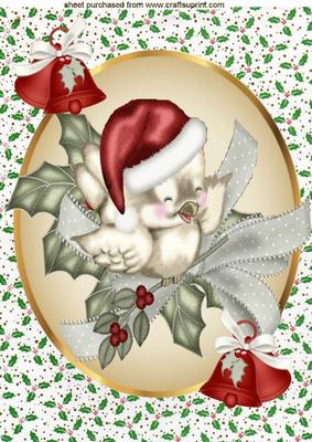 Christmas Robin on Holly in Santa Hat A4