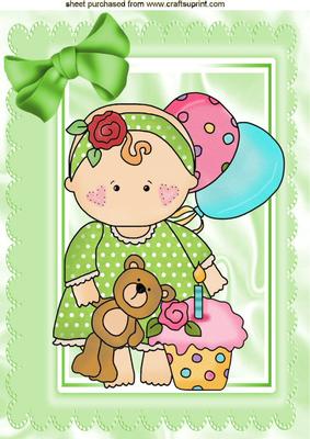 Baby Girls First Birthday with Cupcake and Teddy A4