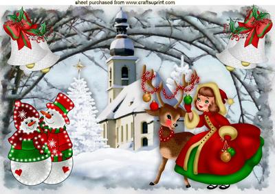 Christmas Scene with Church and Little Girl A4