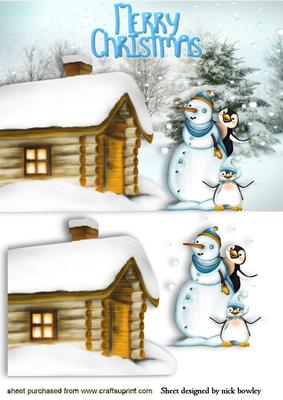 Cute Penguins with Snowman in Snow Scene