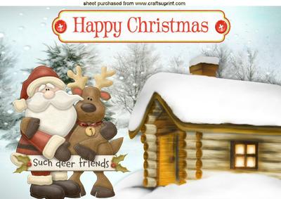Such Deer Friends! Lovely Santa in Snow Scene A4