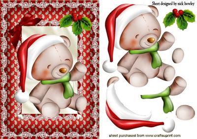 Cute Little Bear in Santa Hat with Holly