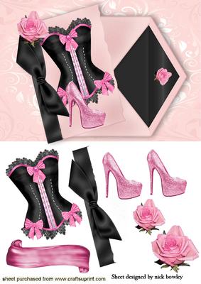 Pink/black Basque with Shoe and Rose on Card & Envelope