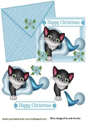 Kitty in Santa Hat on Card and Envelope
