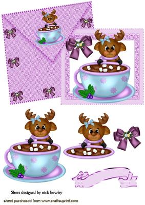 Reindeer with Choc in Teacup, on Card & Envelope