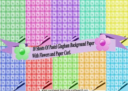 Paper Pack of 10 Sheets in Gingham, Pastel Colour with Flowers