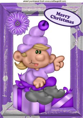 Santas Elf Sitting on a Present in Wooden Frame A4