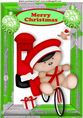Christmas Teddy on Bike with Post Box A4