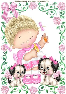 Sweet Little Girl in Frame of Roses & Puppies A4