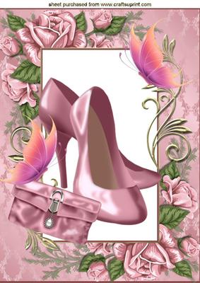 Pretty Pink Shoes in Rose Frame with Butterflies A4