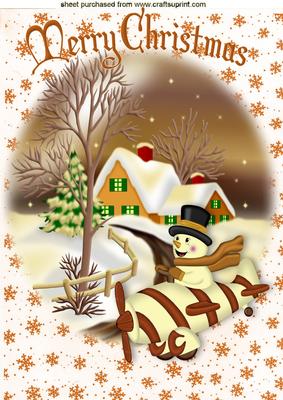 Snowman in Plane in Snow Scene with Cottage A4