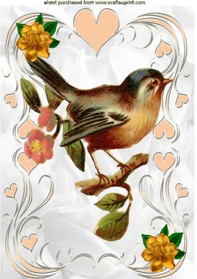 Little Bird on a Branch with Flowers A4