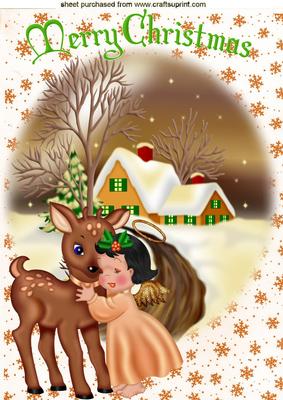 Little Angel with Deer in Snow Scene A4