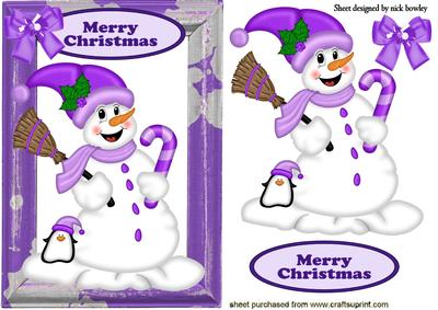 Snowman in Purple with Cute Little Penguin