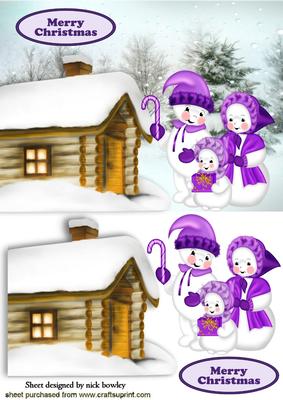 Snowman Family with Cottage in the Snow