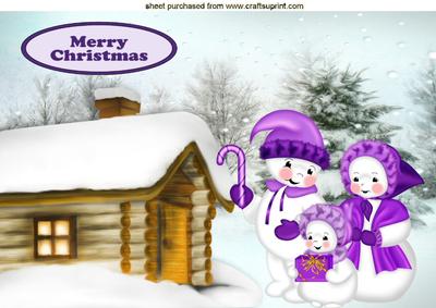 Snowman Family with Cottage in the Snow A4