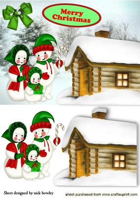 Cottage in the Snow, with Snowman Family