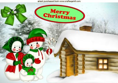 Cottage in the Snow with Snowman Family A4