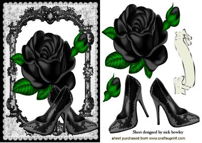 Beautiful Black Rose, Sparkle Black Shoes in Lace Frame