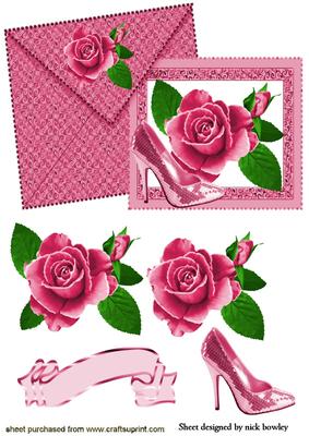 Painted Pink Rose and Shoe on Card & Enevelope