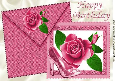 Painted Pink Rose & Shoe on Card & Envelope A4