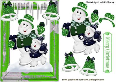 Skating Snowmen with Green Bells & Icicles