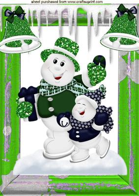 Skating Snowmen with Green Bells & Icicles A4