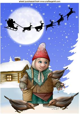 Little Gnome Feeding the Birds in the Snow A4