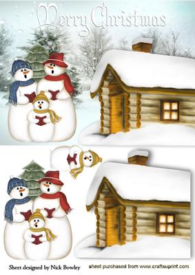 Snowman Family Singing with Cottage