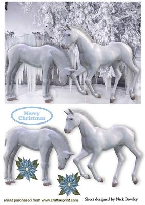 White Horses in Snow Glazier with Blue Poinsettias