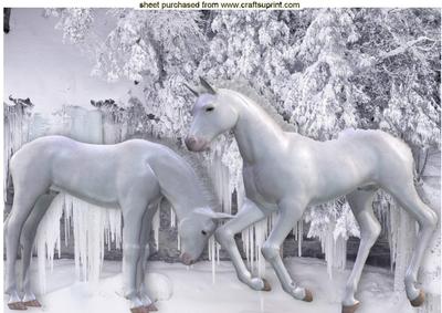 White Horses, Blue Poinsettias in Snow Glazier A4