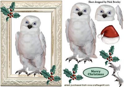 Snowy White Owl with Holly and Santa Hat