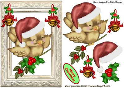 Cute Little Robin on Holly Frame with Bells