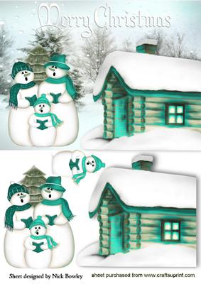 Snowman Family with Cottage in Turq
